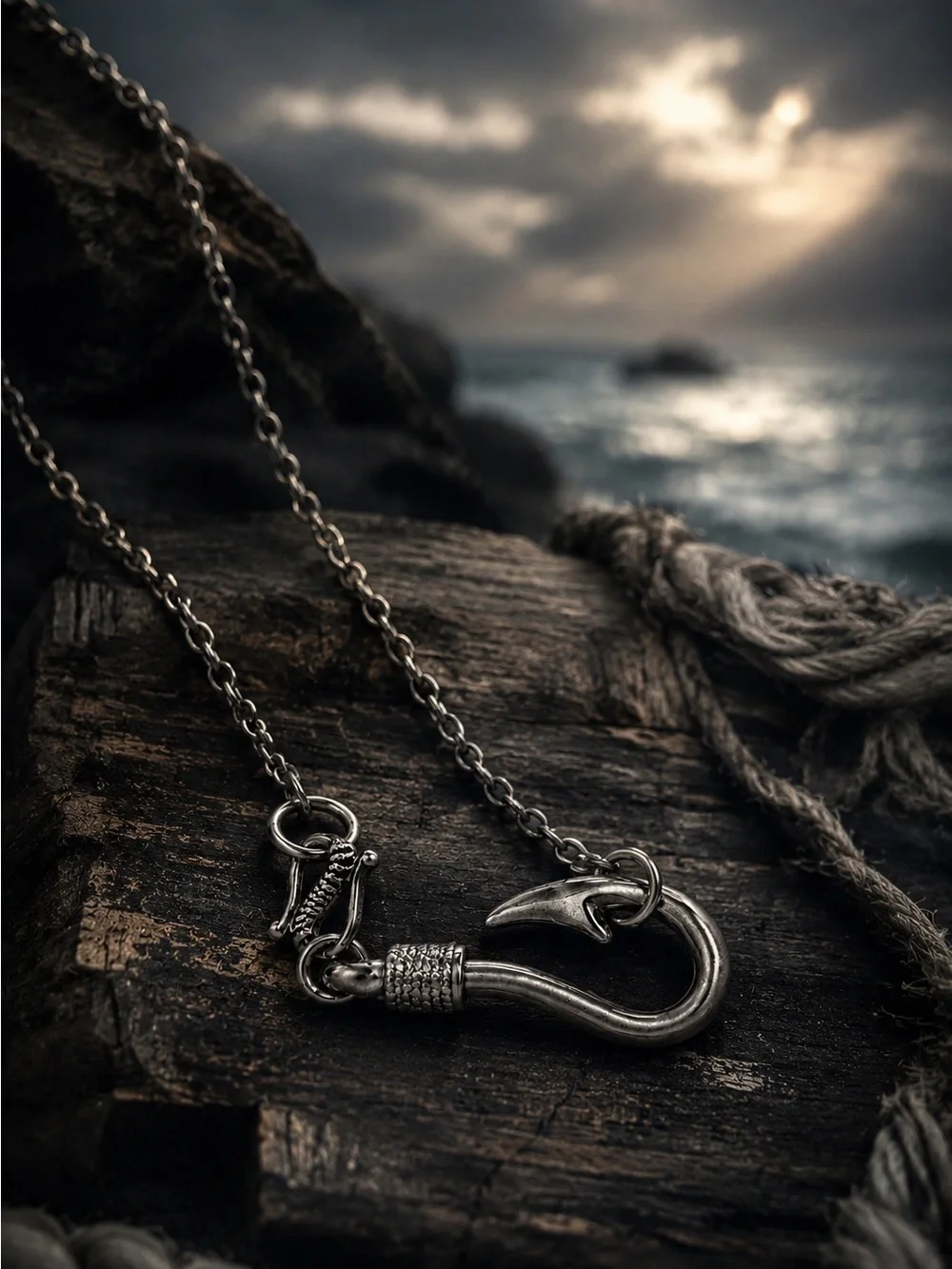 Silver Fish Hook Necklace, Men’s Statement Pendant, 23